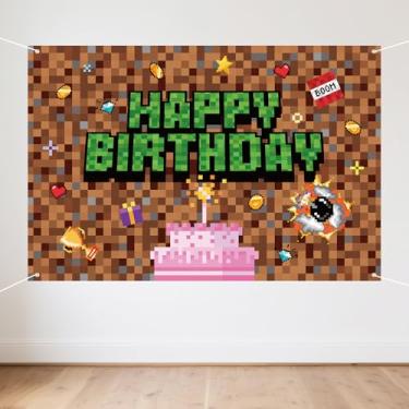 Imagem de Painel de Fundo Pixelado para Aniversário, 150x100cm Grande Fundo de Feliz Aniversário Banner Pixelado Pendurar Decoração Festa com Tema Jogos Adereços para Fotos Infantis