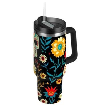 Imagem de Copo com alça de 850 g Copos de aço inoxidável com tampas e canudos Garrafa de água rosa isolada para copo de carro Day of Dead Skulls