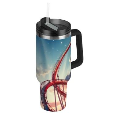 Imagem de Copo com alça Copos de aço inoxidável de 1,134 g com tampas e canudos Imprimir Garrafas de Água Copos de Café Quente Isolados para Carro Montanha Russa Vermelha