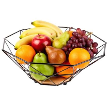 Imagem de Fruteira de Aço Com Base Em Madeira Design Geométrico Minimalista e Elegante, Decorativo Para Cozinha Bancada Mesa E Área Gourmet, Cesta Organizadora de Frutas, Legumes e Verduras