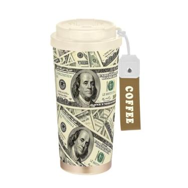 Imagem de TSENQUE Copo de café de viagem 473 ml, copo de café de viagem com revestimento cerâmico com canudo e tampa de filme, copo isolado a vácuo de aço inoxidável, dólar americano vintage