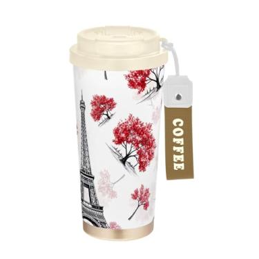 Imagem de Copo de café de 473 ml, copo de café com revestimento cerâmico com canudo e tampa, copo isolado a vácuo de aço inoxidável, torre Eiffel, árvores pretas e brancas
