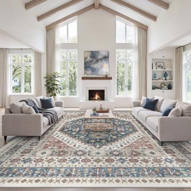 Imagem de zesthome Tapetes de área de 25 x 35,5 cm, resistente a manchas, tapetes ultrafinos para sala de estar, quarto, suporte antiderrapante, decoração de casa, tapete de área grande (azul marinho/vermelho