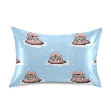 Imagem de Fronhas de cetim estampa padrão Queen King fronha de cama macia refrescante tamanho padrão 66.0 cm x 50.8 cm bonito desenho animado azul morsa