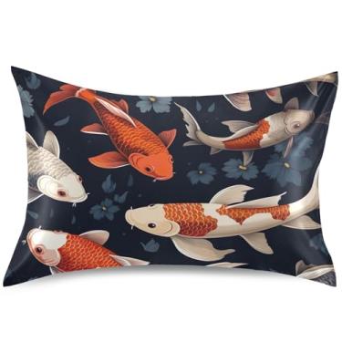 Imagem de Capas de almofada coloridas de cetim com estampa de peixe Koi King Queen Capas de travesseiro fofas e refrescantes para cama, tamanho padrão, 66 cm x 50 cm