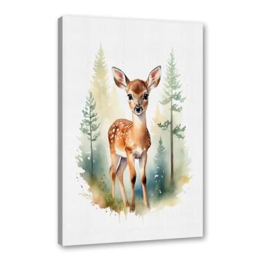 Imagem de Arte de parede de berçário botânico fofo safári floresta nebulosa urso coelho raposa lobo guaxinim cervo girafa zebra tigre aquarela decoração de quarto infantil (SKU6,16x60 cm), emoldurado (tela