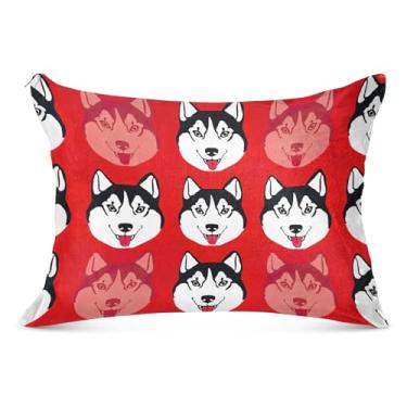 Imagem de Capa de almofada decorativa de flanela com desenho de cachorro Husky vermelho para travesseiro padrão Queen King Travesseiros corporais de cama macia, tamanho padrão, 50,8 cm x 66 cm