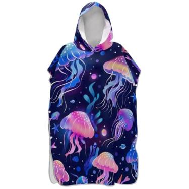 Imagem de Joisal Poncho de surfe para adultos trocador de roupão toalha de praia floral plus size homens mulheres poncho com capuz roxo azul água-viva