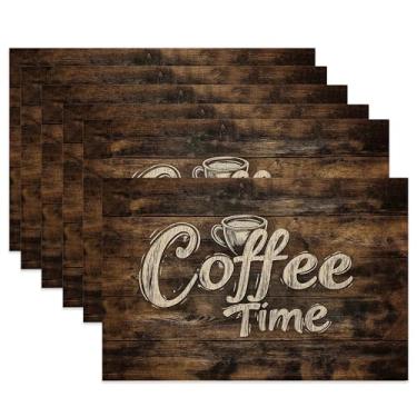 Imagem de Jogo americano de tecido Coffee Time, jogo americano vintage de madeira rústica conjunto de 6 tapetes de pano, tapetes de mesa laváveis resistentes ao calor para decoração de casa, cozinha, sala de