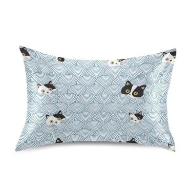 Imagem de Fronhas de cetim para cabelo, rostos de gato branco, ondas azuis, King Queen, fronhas padrão, arte fofa, refrescante, casa, sala de estar, roupa de cama tamanho padrão 66 x 50 cm