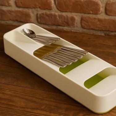 Imagem de Organizador de Gaveta para Talheres, Porta Talheres de Cozinha com Separadores para Facas, Colheres e Garfos, Branco e Verde