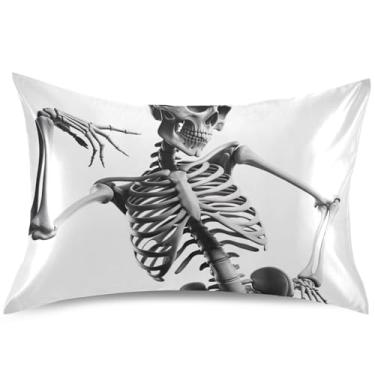 Imagem de Capas de travesseiro engraçadas de cetim de caveira de esqueleto para resfriamento de cabelo, capas de travesseiro padrão King Queen, tamanho king, 101,6 cm x 50,8 cm