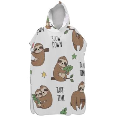 Imagem de Joisal Poncho de surfe trocador de roupão para praia Adul toalha com capuz floral leve ponchos de praia para homens bonitos desenhos animados preguiças branco