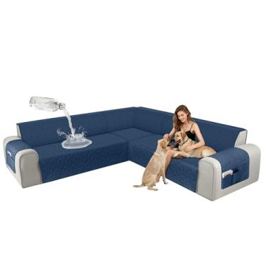 Imagem de ALIECOM Capas de sofá seccionais de canto, à prova d'água, laváveis, em forma de L, capa de sofá, geométrica, jacquard, capa de móveis com alça ajustável para cães de estimação (grande, azul escuro)
