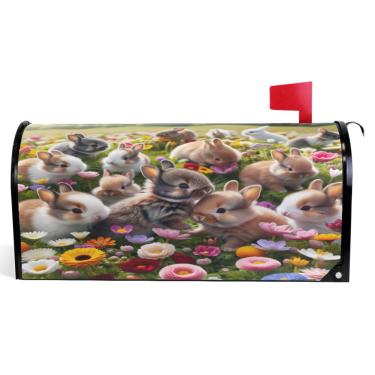 Imagem de TSENQUE Capas de caixa de correio magnéticas decorativas de primavera envoltórios de caixa de correio de vinil decorações modernas coelho da Páscoa flores tamanho grande 64,5 x 52,8 cm