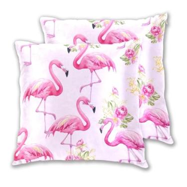 Imagem de Joitme Conjunto de 2 capas de almofada de flores vibrantes flamingos rosa com 2 fronhas fofas para sofá, decoração de casa, 40,6 x 40,6 cm, 2 peças