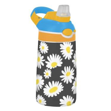 Imagem de White Daisies Garrafa de água preta infantil com canudo 473 ml 473 ml Garrafa de água de plástico Tritan à prova de vazamento, copos de viagem portáteis para crianças, reutilizáveis, alça de