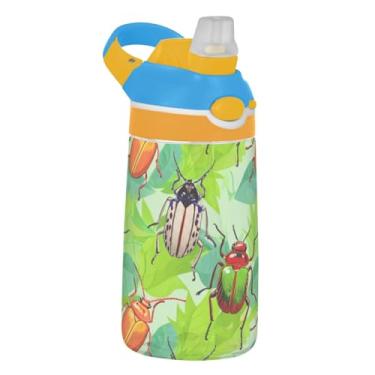 Imagem de Garrafa de água de folhas verdes besouros coloridos infantil 473 ml garrafa de água de plástico reutilizável com tampa de canudo 473 ml Tritan à prova de vazamento para crianças copos de viagem