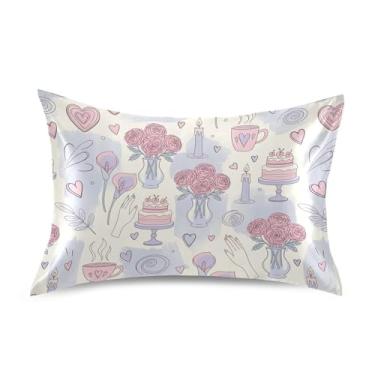 Imagem de Wassud Fronha de cetim para cabelo e pele com estampa de rosas de lavanda para cabelo e pele, tamanho Queen, respirável, com fecho de envelope