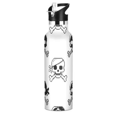 Imagem de Garrafa de água infantil de caveira de osso pirata preto e branco com tampa de palha, garrafas de água isoladas de aço inoxidável, copos infantis à prova de vazamento de parede dupla à prova de