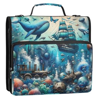 Imagem de Organizador de fichários com zíper, baleia náutica, azul oceano, 3 anéis, anel D de 3 cm, bolsa colorida para fichários escolares com alça de ombro, portfólio e estojo para pasta de anel
