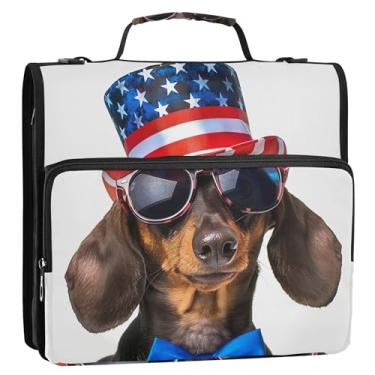 Imagem de Dachshund Dog American Hat Organizador de fichário com zíper de 3,8 cm, fichários com 3 argolas com alça, bolsa escolar de ensino médio, vários bolsos, pasta grande para portfólio