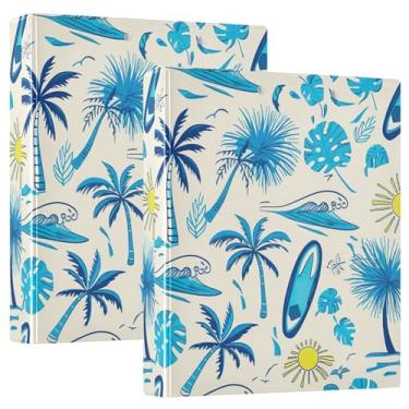 Imagem de Pastas com três anéis azuis de palmeiras tropicais de desenho animado, 200 folhas, fichário de apresentação de anel redondo, 31,5 x 27 x 6 cm, 1 pacote