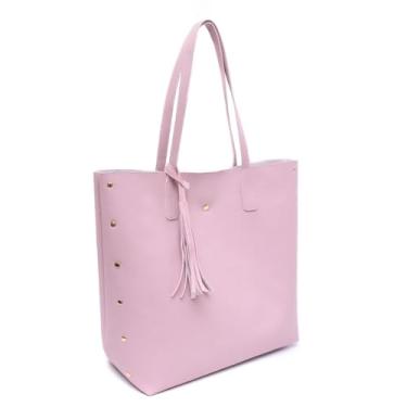 Imagem de Bolsa Tote Feminina Elegante, Couro Sintético Preto, Alça Dupla, Detalhe de Tassel e Tachas Douradas (Rosa)