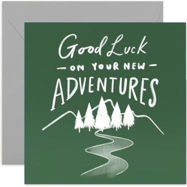Imagem de Cartão Old English Co. Mountains Forest Good Luck New Adventures - Novo cartão de trabalho para ele | Cartão para homens | Viagem, promoção, mudança, partida, universidade, faculdade | Em branco