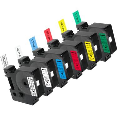 Imagem de 6 etiquetas D1 multicoloridas de 1/2 polegada x 6 pés (transparente/branco/azul/vermelho/amarelo/verde) para fita de etiqueta Dymo D1 (45010 45013 45016 45017 45018 45019) compatível com Dymo LabelManager 160 280 360D 420D PNP