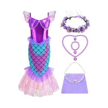 Imagem de Conjunto De Vestido De Sereia Roxo Ariel Para Meninas De 3 a 10 Anos P