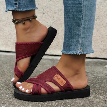 Imagem de Sapatilhas femininas com tiras cruzadas de malha – Sandálias plataforma confortáveis, bico aberto respirável sem cadarço para verão na praia e caminhadas, A01/vermelho, 34