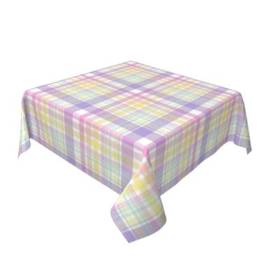 Imagem de Sorktse Toalha de mesa quadrada de Páscoa, 137 x 137 cm, rosa, amarelo, roxo, xadrez, búfalo, tecido de poliéster, capa de mesa quadriculada para cozinha, festa, piquenique, decoração ao ar livre