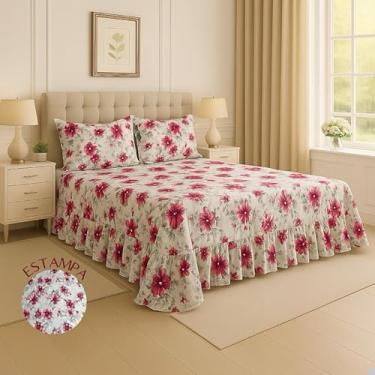 Imagem de Kit Lençol Queen 3 Peças Micropercal Toque de Algodão com Babado e Fronhas Premium (Cinza claro- Flores Vermelhas)