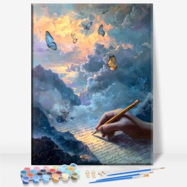 Imagem de HUINORYA The Dreams of the Female Writer Performing Creative Arts Framed Canvas DIY Paint by Numbers Kit Bar Cafe Cave Home Room Wall Bathroom Varanda Pátio Decoração Presente, 40,6 x 30,5 cm