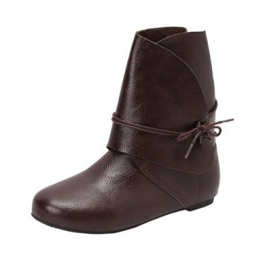 Imagem de Botas femininas de inverno curtas cano alto sólido bico redondo com cadarço sola plana tornozelo, Marrom, 36