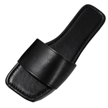 Imagem de Sandálias rasteiras femininas casuais primavera verão praia cor sólida bico quadrado design aberto, Preto, 36