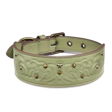 Imagem de Blueberry Pet Coleira de couro de microfibra glam verde sálvia em relevo premium com pinos de latão antigo