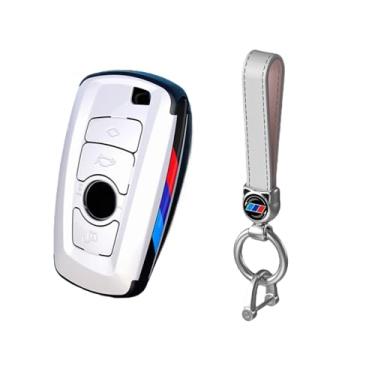 Imagem de Capa protetora de fibra de carbono para chave de carro, acessórios compatíveis com BMW 1 3 5 7 Série M3 M4 X1 X3 X4 X5 F10 F15 F18 F16 F20 F30 F25(B-white keyring)