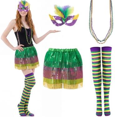 Imagem de Syhood Conjunto de 6 peças de fantasia de carnaval, saia tutu com franjas de lantejoulas, meia máscara com padrão de penas sintéticas, colar e meias longas (elegante, médio)