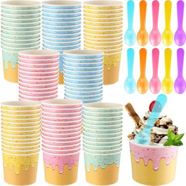 Imagem de Ninehaoou 100 peças de copos de sorvete com colheres copos de sobremesa de papel tigelas coloridas de sudae recipientes de sorvete descartáveis para sopa quente primavera verão formatura bar