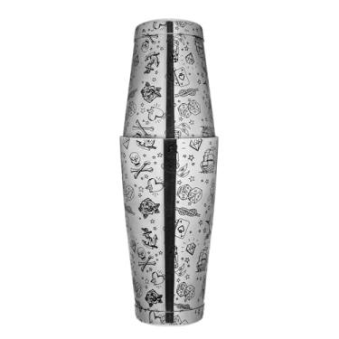 Imagem de Coqueteleira Boston de aço inoxidável com padrão gravado, conjunto de estanho agitado ponderado 18 e 800 ml, conjunto de coqueteleiras de duas peças de metal pesado Boston apenas (Style3 pirate)