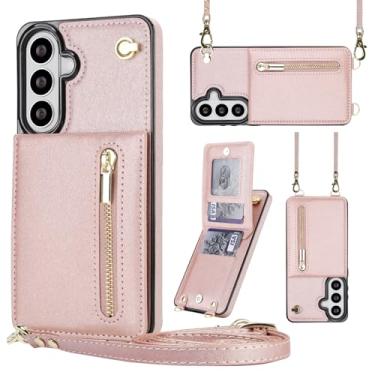 Imagem de Capa carteira para Samsung Galaxy S26, couro premium e TPU, capa traseira para celular com alça de pulso e suporte, capa protetora fina para mulheres e meninas (ouro rosa)