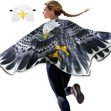 Imagem de iROLEWIN Fantasia de asa de pássaro de águia careca dupla face para adultos, máscara de pássaro 3D, fantasias femininas de Halloween, presentes de aniversário de coruja, Preto, branco, G