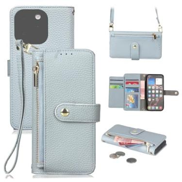 Imagem de Carteira com zíper, capa transversal para celular para iPhone 17 Pro Max 16e 16 15 14 13 12, alça de pulso, alça de ombro, suporte para celular, azul, para iPhone 14