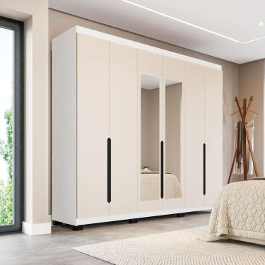 Imagem de Guarda-roupa Casal 6 Portas com Espelho Madrid Creme/Branco