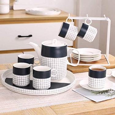 Imagem de Conjunto de chá de cerâmica retrô europeu de 15 peças com suporte de metal, conjunto de xícaras de chá de porcelana, para casamento (cor: marrom) (azul)