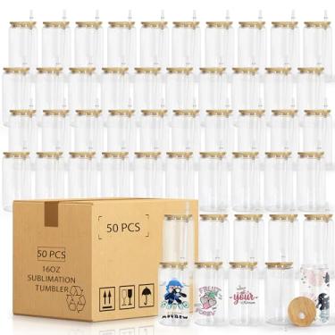 Imagem de AGH Copos de vidro com tampas e canudos de bambu, copos transparentes de 473 ml, copo de lata de sublimação. Copo de água reutilizável para gelo, café, smoothie, uísque, boba, refrigerante, chá