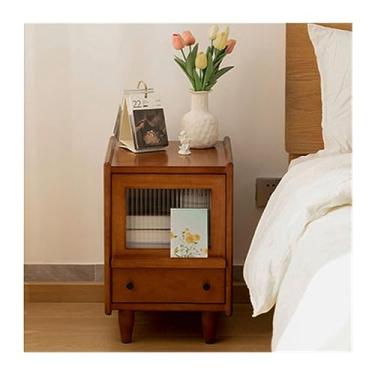 Imagem de Mesa de cabeceira moderna vintage para quarto armário de armazenamento minimalista para casa pequena mesa de cabeceira armário de armazenamento de madeira com porta de vidro móveis de cabeceira