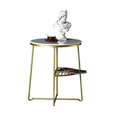 Imagem de Mesa lateral redonda, mesa de centro de mármore, moldura de metal dourado, mesa de centro pequena, mesa de cabeceira, sala de estar, varanda, durável